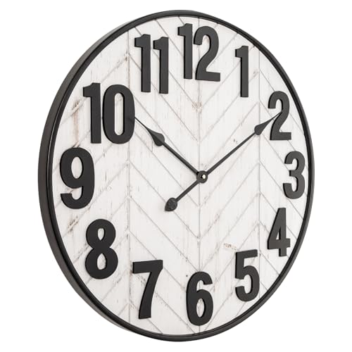 24 Inch Large Wall Clock, Rustic Wooden Farmhouse Wall Clock with Black Metal Frame, Battery Operated Non-Ticking Silent Wall Clocks for Living Room, Kitchen, Bedroom (Whitewashed) - color: Whitewashed, size: 24 Inches