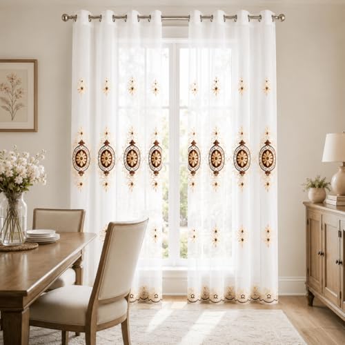 VOGOL Simple Chenille Jacquard Sheer Window Elegance Curtains/Drapes/Panels/Treatments for Bedroom Living Room, 54 x 84 Inch, Top Grommets(2 Panels) - color: Coffee-sheer, size: 54"W x 84"L (Pack of 2)