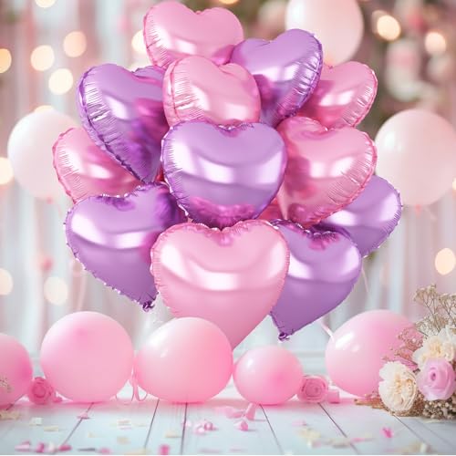 Pink Purple Heart Foil Balloons, 12Pcs 18Inch Heart Shaped Balloons - color: Pink Purple