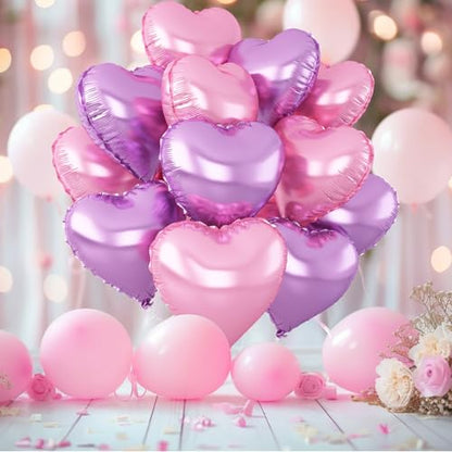 Pink Purple Heart Foil Balloons, 12Pcs 18Inch Heart Shaped Balloons - color: Pink Purple
