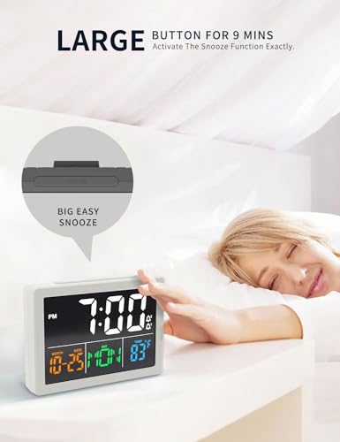 JALL Digital Clock with Date Day for Seniors, Electric Alarm Clocks for Bedrooms with Temperature, 2 Alarms, Dimmer, Dual USB Charger, Battery Backup, Volume Control, Snooze, Bedside Desk Clock, White - color: White