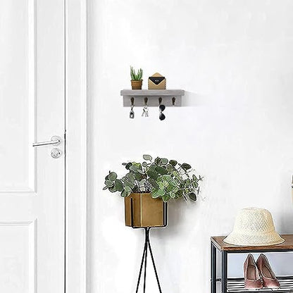 Key Holder Wall Mount, Farmhouse Wall Shelf with 4 Hooks for Entryway - color: Gray
