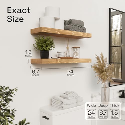 Natural Wood Floating Shelves for Wall 24 inch Oak, Wooden Bathroom Shelf - color: Gold Oak, size: 24 Inch