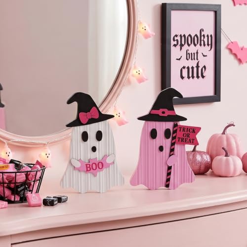 Valery Madelyn Pink Halloween Decor, Set of 2 Cute Halloween Ghost Decor, Witch Hat Boo & Trick or Treat Wooden Tabletop Signs for Home, Shelf, Tiered Tray Party Display, 5 Inch - size: Medium