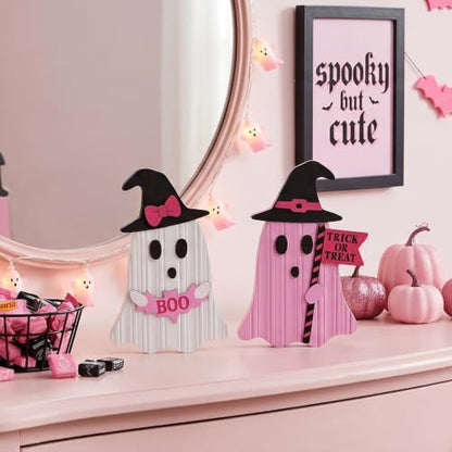 Valery Madelyn Pink Halloween Decor, Set of 2 Cute Halloween Ghost Decor, Witch Hat Boo & Trick or Treat Wooden Tabletop Signs for Home, Shelf, Tiered Tray Party Display, 5 Inch - size: Medium