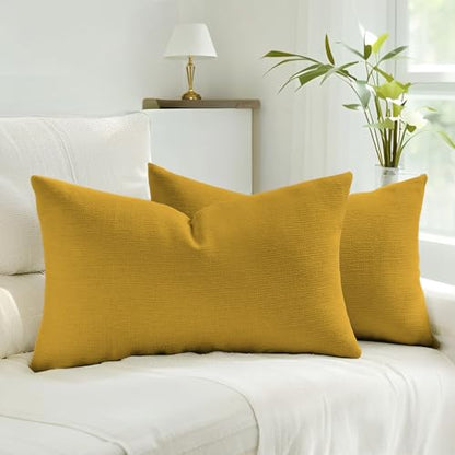 HAUSSY Pack of 2 Faux Linen Lumbar Throw Pillow Covers 12x20 Inch, Cream - color: Mustard Yellow, size: 20" x 12" (Pack of 2)