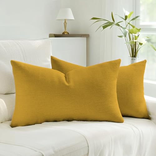 HAUSSY Pack of 2 Faux Linen Lumbar Throw Pillow Covers 12x20 Inch, Cream - color: Mustard Yellow, size: 20" x 12" (Pack of 2)