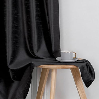 Chyhomenyc Uptown Black Faux Silk Curtains 96 Inch Length 2 Panels for Bedroom, Shiny Luxury Room Darkening Slub Textured Soft Fabric Rod Pocket Window Drapes, Each 40x96 Inches, 8 FT - color: Black, size: 40"W x 96"L (Pack of 2)