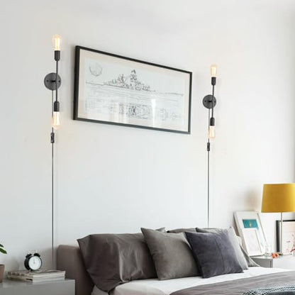 Black 2 Light Plug in Wall Sconce Set of 2 for Bathroom Farmhouse