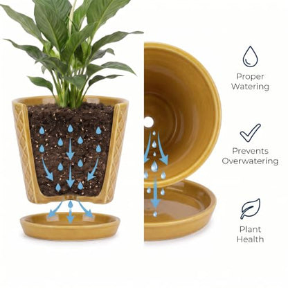 EFISPSS Ceramic Plant Pots, 5 Inch Planters with Drainage Holes and Ceramic Tray, Relief Design Flower Planter, Desktop Office Windowsill Decoration Gift Set of 4-Light Olive-Deep Yellow - color: Deep Yellow