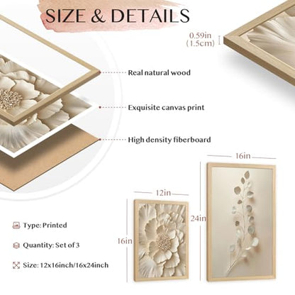 Hianan Wood Framed Neutral Beige Botanical Wall Art Set of 3, 16x24 in - color: Beige(Wood), size: 24"L x 16"W