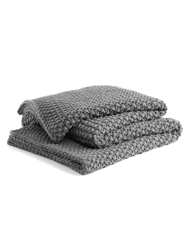 YnM Chunky Cotton Knit Throw Blanket, Cable Knit Throws for Bed Couch Sofa, Comfy & Relaxing, Decorative Piece for Farmhouse Modern Boho Rustic Scandinavian Chic Vibe, Moon Grey 60x80 Inches - color: Moon Grey - Medium Weight, size: Full / Queen