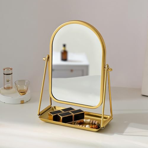 Desk Mirror, Arch Makeup Vanity Standing Mirror with Tray, Gold - color: Arched-gold