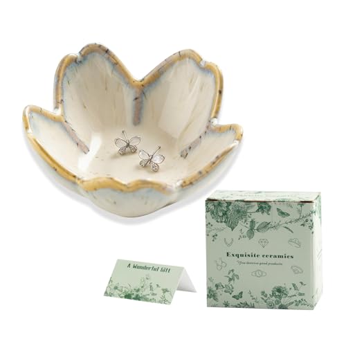 Mecaikru Ceramic Jewelry Tray, 3.5 in Flower Ring Dish with Gift Box & Card - color: grey