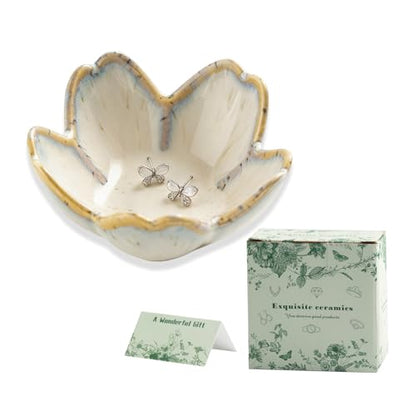 Mecaikru Ceramic Jewelry Tray, 3.5 in Flower Ring Dish with Gift Box & Card - color: grey