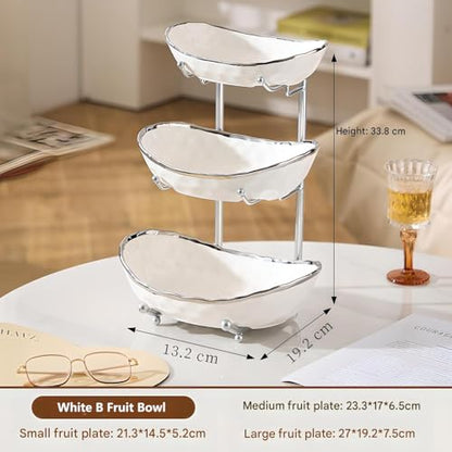 XUDREZ 3 Tier Fruit Bowl with Metal Stand for Kitchen Counter, Ceramic White Gold Silver, Tiered Fruit Basket for Nuts, Snacks, Bread, Candy Storage (White B) - color: White B