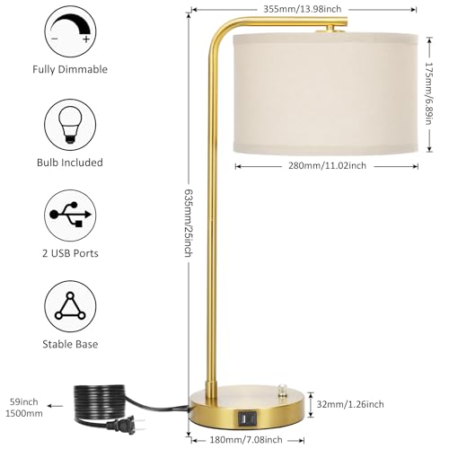 Mordern Gold Table Lamp, Fully Dimmable Bedside Lamp with C+A USB Ports - color: Gold
