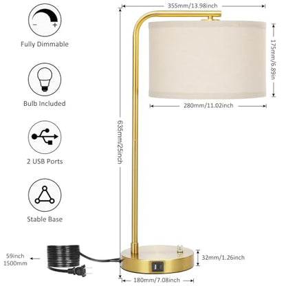 Mordern Gold Table Lamp, Fully Dimmable Bedside Lamp with C+A USB Ports - color: Gold