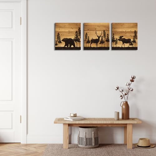 Apicoture Bear Elk Moose Wall Pictures Forest Landscape Hunting Theme Woodland Animal Painting Framed Canvas Artwork Farmhouse Wall Decor 12"x12"x3 Panels