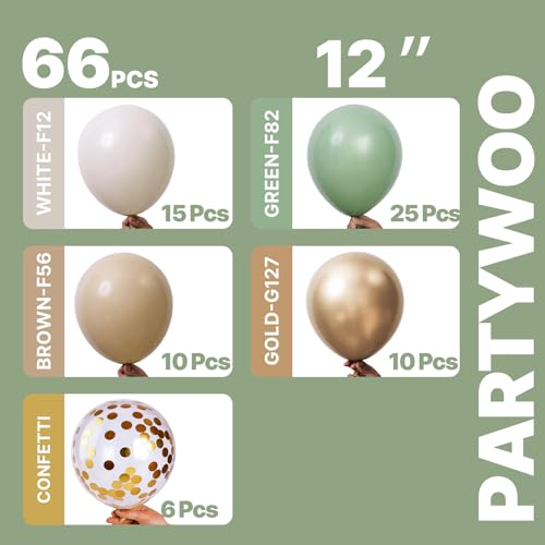 PartyWoo Sage Green Balloons 66pcs 12 Inch Gold White Brown Gold Balloons - color: Green-3327