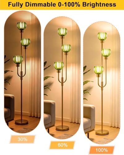 Modern Glass Floor Lamp 66IN 3-Light Green Glass Gold Dimmable Floor Lamps - color: Green Lotus-Gold
