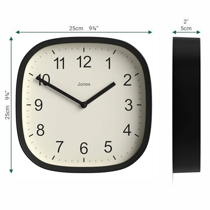 JONES CLOCKS® Sprite wall Clock | Modern Square Clock | 10" | Black - color: Black