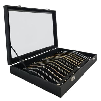 15 Hook Necklace Storage Box with Dustproof Transparent Glass Lid - color: Black-15 necklaces