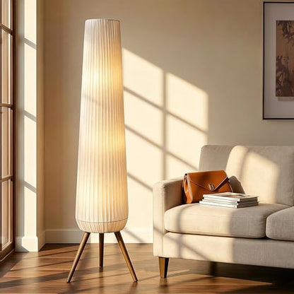 61'' Oatmeal Fabric Pleated Floor Lamp, Walnut Wood Tripod Base