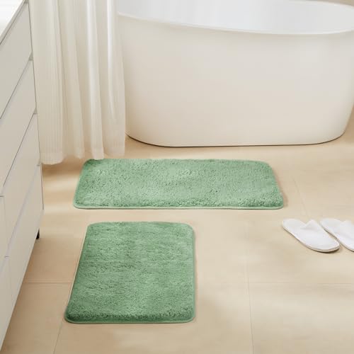 TECHMILLY Super Soft Shaggy Bathroom Rugs Sets 2 Piece, Absorbent Thick Non Slip Microfiber Bath Rugs, Quick Dry Machine Washable Bath Mat for Bathroom Floor, Bathtub and Shower 17"x24" - color: Sage, size: 17" x 24" (2 Piece)