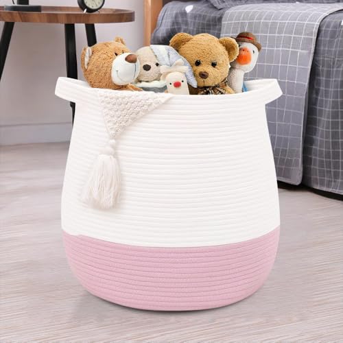 Large Cotton Rope Basket, Woven Storage Basket for Toy, Laundry and Blanket Organizer, Round Hamper Basket with Handles for Kid's Room 17.7"x16.9" - color: pink, style: Minimalist