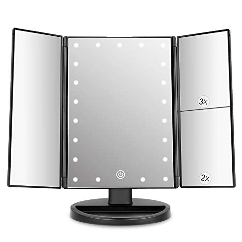 deweisn Tabletop Mount Trifold Lighted Vanity Mirror with 21 LED Lights, Touch Screen and 3X/2X/1X Magnification, Two Power Supply Mode Make up Mirror,Travel Mirror - color: Black