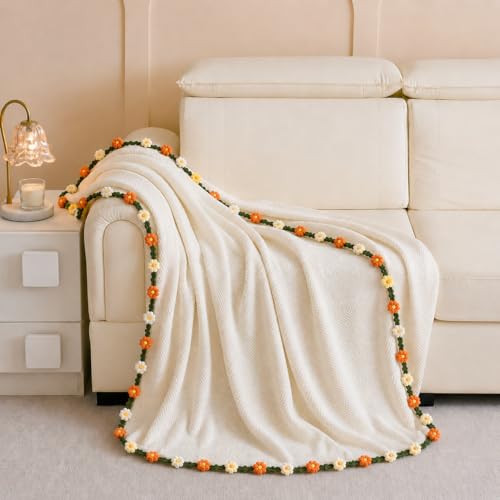 Puff Flower Crochet Flower Bouquet Blanket, Handmade Knitted Throw Blanket - color: Pink Puff Flower, size: Large