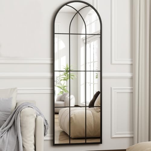 65"x 22" Arched Full Length Window Wall Mirror,Winndow Pane Mirror, Farmhouse Arched-Top Mirror with Metal Framed, Rustic Decorative Mirrors - Black - color: Farmhouse Mirror-black, size: 65"L x 22"W