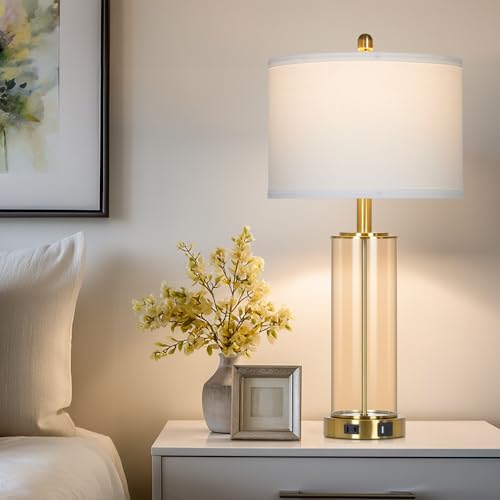 26" Modern Brown Glass Table Lamps Set of 2, Bedside Lamp with USB A+C Ports & AC Outlet, Living Room Lamps with 3-Way Dimmable Touch Control, Stylish Bedside Lamp for Bedroom Nightstand Dining Table - color: Brown