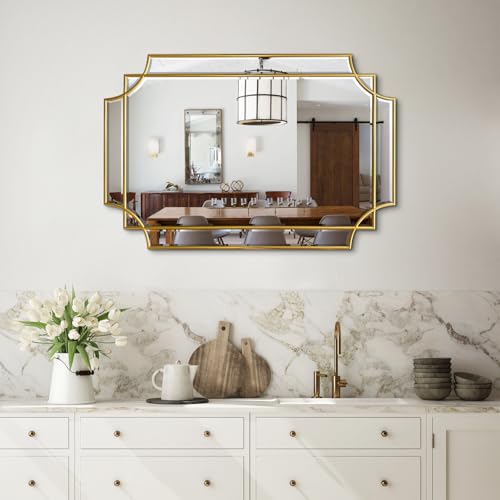 30"x20" Geometric Rectangle Beveled Mirror with Gold Wood Frame - color: Gold, size: 30"L x 20"W