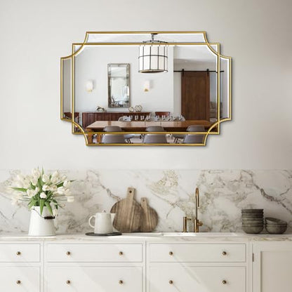 30"x20" Geometric Rectangle Beveled Mirror with Gold Wood Frame - color: Gold, size: 30"L x 20"W