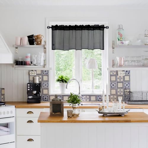 DWCN Sheer Curtain Valance - Linen Look Window Curtains for Bathroom Cafe - Rod Pocket Semi Sheer Drapes, Black, 1 Panel, 52 x 18 Inch - color: Black, size: 52"W x 18"L (Pack of 1)