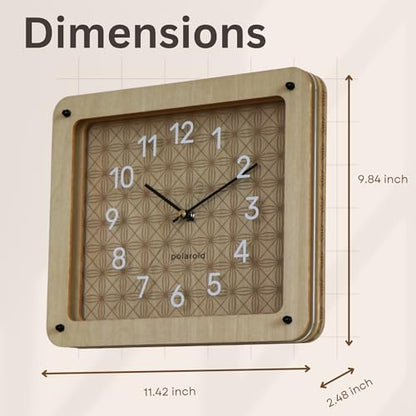 DODEKA Rectangle Wall Clock Layered Wooden Design Bohemian Geometric Pattern Silent Battery Operated for Workplace Kitchen Bedroom Living Room (Rectangular)