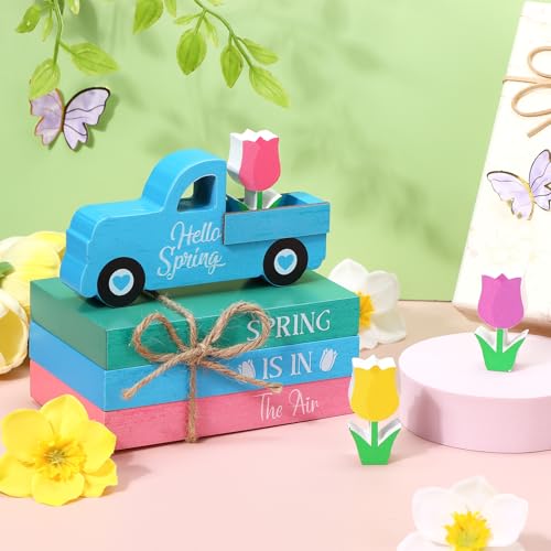 Pcs Spring Wooden Table Sign Hello Spring Table Centerpiece Hello Spring Truck Books Flowers Farmhouse Faux Book Stack Pastel Tulip Tiered Tray Block Decor for Home Holiday Decoration - style: Hello Spring Tulip