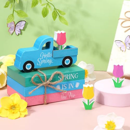 Pcs Spring Wooden Table Sign Hello Spring Table Centerpiece Hello Spring Truck Books Flowers Farmhouse Faux Book Stack Pastel Tulip Tiered Tray Block Decor for Home Holiday Decoration - style: Hello Spring Tulip