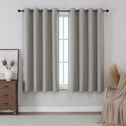THOOO 100% Blackout Curtains Natural Linen Textured Blackout Curtains 63 Inch Length for Bedroom Living Room Nursery, Farmhouse Thermal Insulated Grommet Curtains Room Darkening 2 Panels,Linen - color: Linen, size: 52"W x 63"L (Pack of 2)