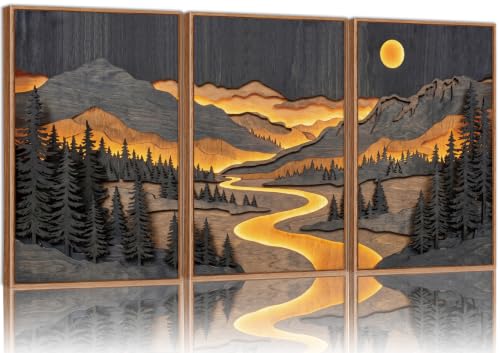 Tinonedraw Dark Mountain Framed Canvas Wall Art, Rustic Nature Woodland Landscape Wall Decor, Woodcut Pine Trees Artwork, Retro Orange Sunset Aesthetic Art Paintings for Living Room Cabin 16"x24"x3 - color: Dark Mountain, size: 24"L x 16"W