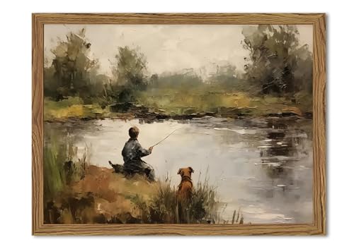 Vintage Wall Art, Boy Fishing Wall Decor Paintings, Dog and Boy Landscape Canvas Prints Vintage Country Farmhouse Artwork for Bedroom Living Room 10x8 inch Wood Framed - color: Boy Fishing, size: 10"L x 8"W