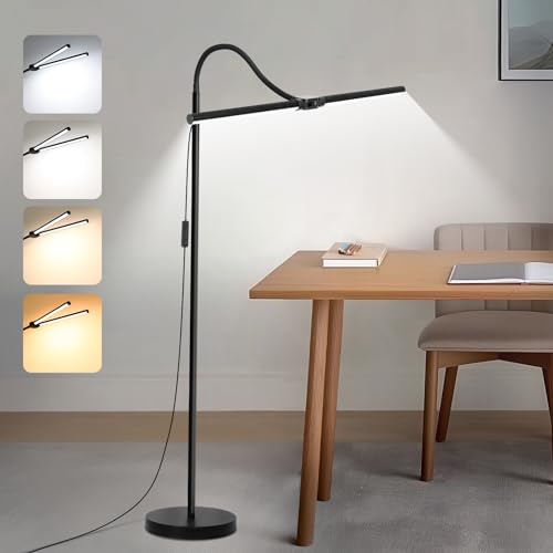 LED Floor Lamp, 18W/2000LM Bright Reading Floor Lamp for Office with Double Head, Adjustable Gooseneck Dimmable Modern Standing Light for Lash Extension Craft, Eye Caring Floor Lamps for Living Room - color: Black