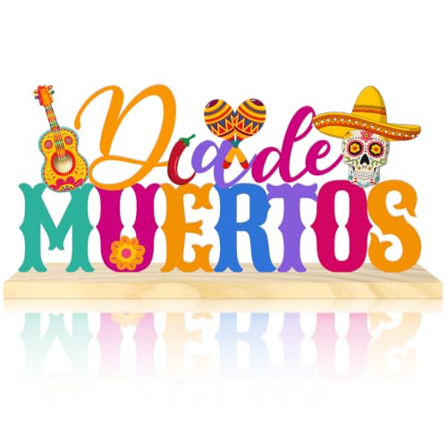 Day of the Dead Decorations Metal, Dia De Los Muertos Decor Tabletop Sign with Wood Base, Colorful Sugar Skull Metal Decor for Home, Shelf, Mantel, Indoor, Mexican Holiday Centerpiece Sign - color: Day.of.Dead