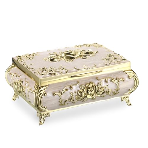 Hipiwe Metal Jewelry Organizer Box Antique Treasure Box with Rose Pattern - color: Gold, size: Medium