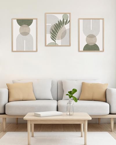 HesenDot 12x16in Boho Sage Green Geometric Natural OAK Wood Framed Wall Art - color: Boho Green Geometric