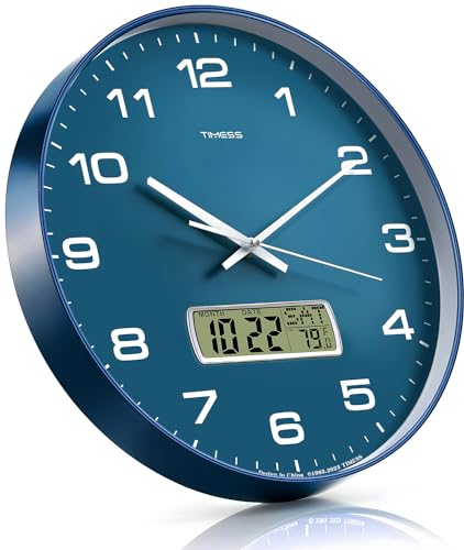 TIMESS 12-Inch Non-Ticking Analog Wall Clock with LCD Display, Blue - color: Blue, size: 12 Inch