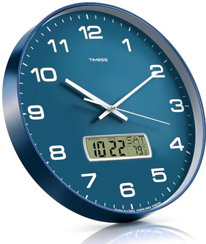 TIMESS 12-Inch Non-Ticking Analog Wall Clock with LCD Display, Blue - color: Blue, size: 12 Inch