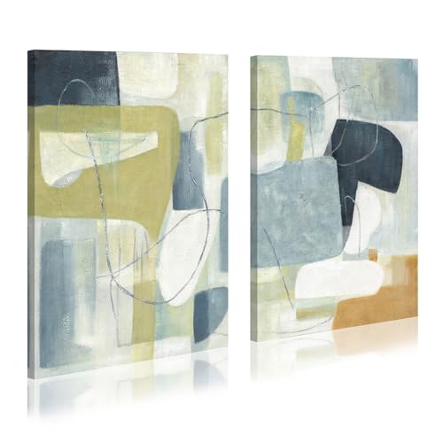WALLSUP DECOR Abstract Colorful Art Canvas Wall Painting - 2 Piece Blue And Yellow Blocks Geometric Shapes Illustrations Modern Wall Art Decor For Living Room Bedroom Office - color: Blue and Green, size: 11"x16"x2